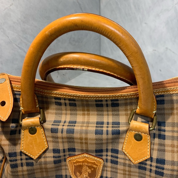 Kirino Collection plaid tan and navy leather bag roomy with inside pocket - Picture 5 of 16